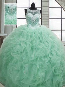 Popular Apple Green Ball Gowns Organza Scoop Sleeveless Beading and Ruffles Floor Length Lace Up 15 Quinceanera Dress