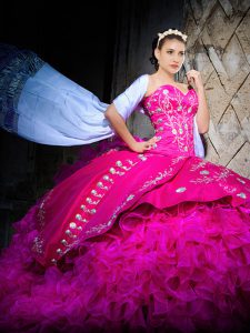 Custom Design Fuchsia Ball Gowns Sweetheart Sleeveless Organza Brush Train Lace Up Embroidery and Ruffles 15th Birthday Dress