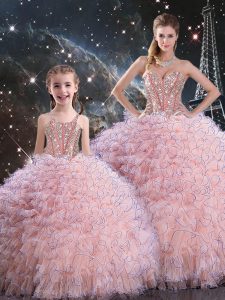 Floor Length Ball Gowns Sleeveless Baby Pink Quince Ball Gowns Lace Up