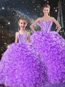 High Quality Sleeveless Organza Floor Length Lace Up Sweet 16 Dress in Lavender with Beading and Ruffles