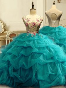 Latest Ball Gowns Quinceanera Gowns Teal Scoop Organza Sleeveless Floor Length Lace Up