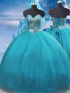 Smart Teal Sleeveless Tulle Lace Up Quinceanera Gown for Military Ball and Sweet 16 and Quinceanera