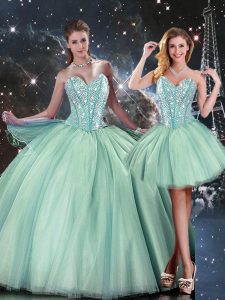 Hot Selling Turquoise Ball Gowns Sweetheart Sleeveless Tulle Floor Length Lace Up Beading Quince Ball Gowns