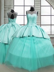 High Quality Brush Train Ball Gowns 15 Quinceanera Dress Turquoise Scoop Tulle Sleeveless Lace Up