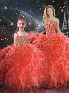 Modern Coral Red Quinceanera Dresses Military Ball and Sweet 16 and Quinceanera with Beading and Ruffles Sweetheart Sleeveless Lace Up