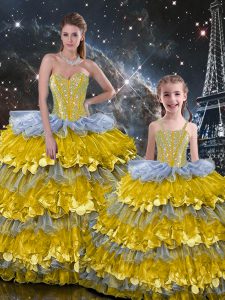 Wonderful Floor Length Lace Up 15th Birthday Dress Multi-color for Military Ball and Sweet 16 and Quinceanera with Beading and Ruffles