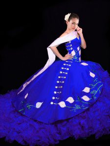 Lace Up Vestidos de Quinceanera Royal Blue for Military Ball and Sweet 16 and Quinceanera with Embroidery Brush Train