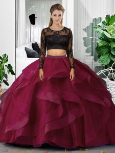 Scoop Long Sleeves Backless Sweet 16 Dresses Fuchsia Tulle