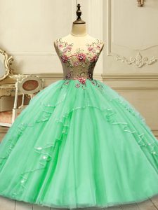 Most Popular Tulle Scoop Sleeveless Lace Up Appliques Ball Gown Prom Dress in Green