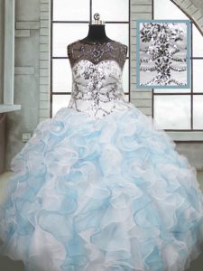 Decent Floor Length Ball Gowns Sleeveless Blue And White Quinceanera Dresses Lace Up