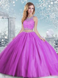 Lilac Scoop Clasp Handle Beading and Sequins Ball Gown Prom Dress Sleeveless