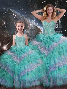 Multi-color Organza Lace Up Sweet 16 Quinceanera Dress Sleeveless Floor Length Beading and Ruffled Layers and Sequins