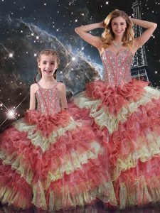 Organza Sweetheart Sleeveless Lace Up Beading and Ruffled Layers and Sequins Quinceanera Dress in Multi-color