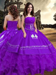 Low Price Taffeta Strapless Sleeveless Zipper Embroidery and Ruffled Layers Sweet 16 Quinceanera Dress in Purple