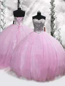 Lilac Ball Gowns Sweetheart Sleeveless Tulle Brush Train Lace Up Beading Vestidos de Quinceanera