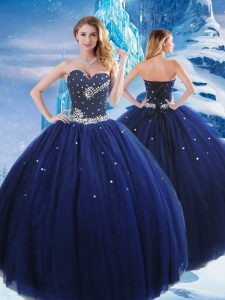 Noble Sleeveless Tulle Floor Length Lace Up Quinceanera Dress in Navy Blue with Beading