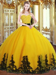 Floor Length Gold Quinceanera Dress Organza Sleeveless Beading and Appliques