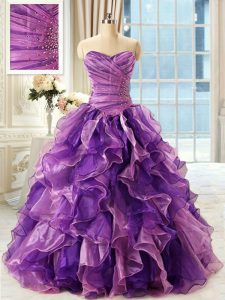 Cheap Eggplant Purple Sleeveless Organza Lace Up Quince Ball Gowns for Military Ball and Sweet 16 and Quinceanera