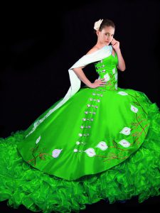 Lace Up Sweet 16 Dress Green for Military Ball and Sweet 16 and Quinceanera with Embroidery and Ruffles Brush Train