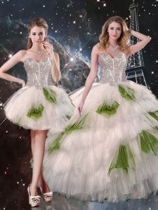 Fancy Sleeveless Floor Length Beading and Ruffled Layers and Sequins Lace Up Sweet 16 Dresses with White
