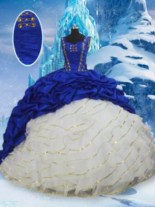 Blue And White Sleeveless Brush Train Ruffled Layers and Pick Ups Quinceanera Gowns