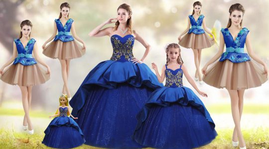 Sleeveless Beading and Appliques and Embroidery Lace Up Sweet 16 Dresses with Blue Court Train