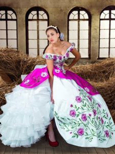 Modern Multi-color Ball Gowns Off The Shoulder Sleeveless Taffeta Floor Length Lace Up Embroidery and Ruffled Layers Sweet 16 Dresses