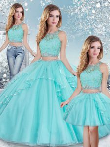 Trendy Sleeveless Floor Length Beading and Lace and Sequins Clasp Handle Quinceanera Gown with Aqua Blue
