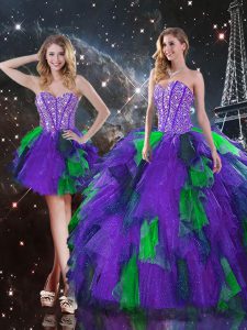High End Multi-color Ball Gowns Tulle Sweetheart Sleeveless Beading and Ruffles Floor Length Lace Up Ball Gown Prom Dress