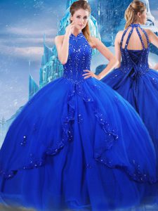 Attractive Lace Up Quinceanera Gown Royal Blue for Military Ball and Sweet 16 and Quinceanera with Beading and Ruffles Brush Train