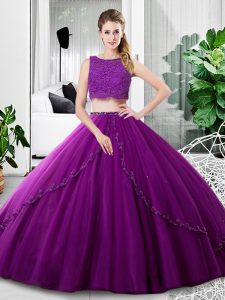 Hot Selling Scoop Sleeveless Sweet 16 Dress Floor Length Lace and Ruching Purple Tulle