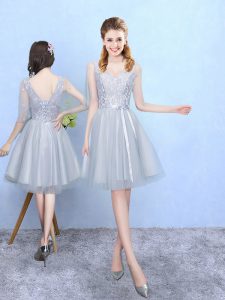 Silver V-neck Neckline Lace Quinceanera Court of Honor Dress Half Sleeves Lace Up