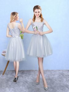 Sleeveless Tulle Knee Length Lace Up Court Dresses for Sweet 16 in Silver with Lace