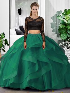 Dark Green Scoop Neckline Lace and Ruffles Sweet 16 Dresses Long Sleeves Backless