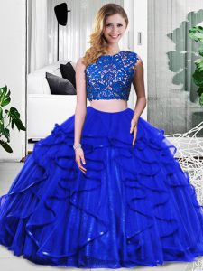 Gorgeous Tulle Scoop Sleeveless Zipper Lace and Ruffles Quinceanera Dresses in Royal Blue
