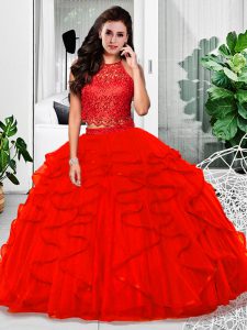 Hot Sale Red Quinceanera Dress Military Ball and Sweet 16 and Quinceanera with Lace and Ruffles Halter Top Sleeveless Zipper