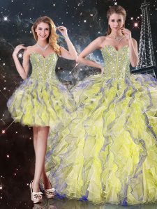Fashion Yellow Organza Lace Up Quinceanera Dresses Sleeveless Floor Length Beading and Ruffles