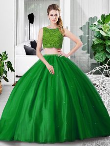 Sleeveless Tulle Floor Length Zipper Sweet 16 Dress in Green with Lace and Ruching