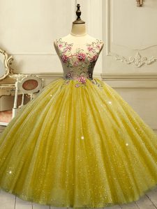 Glorious Gold Ball Gowns Tulle Scoop Sleeveless Appliques and Sequins Floor Length Lace Up Sweet 16 Dresses