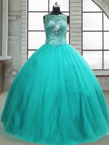 Amazing Ball Gowns Quince Ball Gowns Turquoise Scoop Tulle Sleeveless Floor Length Lace Up