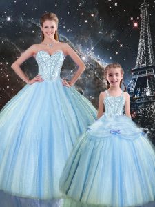 Fantastic Baby Blue Ball Gowns Beading Ball Gown Prom Dress Lace Up Tulle Sleeveless Floor Length