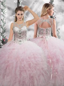 Sophisticated Baby Pink Lace Up Scoop Beading and Ruffles Sweet 16 Quinceanera Dress Tulle Sleeveless