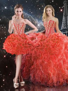 Unique Coral Red Ball Gowns Organza Sweetheart Sleeveless Beading and Ruffles Floor Length Lace Up Quinceanera Dress