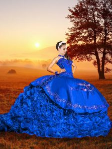 Cheap Blue Lace Up Quinceanera Dresses Embroidery and Ruffles Sleeveless Brush Train
