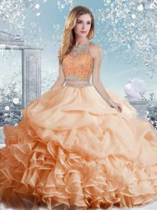 Peach Ball Gowns Organza Scoop Sleeveless Beading and Ruffles and Pick Ups Floor Length Clasp Handle 15th Birthday Dress