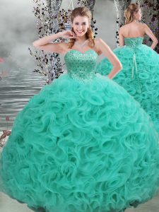 Turquoise Ball Gowns Sweetheart Sleeveless Fabric With Rolling Flowers Brush Train Lace Up Beading Quinceanera Dresses