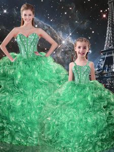 Flirting Sleeveless Organza Floor Length Lace Up Quinceanera Gowns in Green with Beading and Ruffles