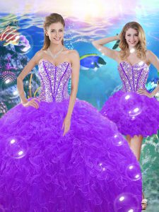 Cheap Purple Sleeveless Beading and Ruffles Floor Length Quince Ball Gowns