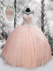 Pink Sleeveless Tulle Lace Up Quinceanera Gown for Military Ball and Sweet 16 and Quinceanera