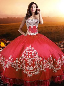 Colorful Floor Length Lace Up Quinceanera Dress Coral Red for Military Ball and Sweet 16 and Quinceanera with Beading and Appliques and Embroidery